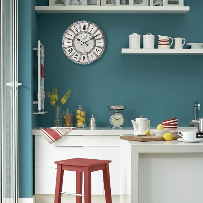 16 Inch Vintage Wall Clock, Roman Numerals Style, Battery Operated, Non-Ticking, Large Farmhouse Clock, Rustic Wall Decor, Perfect for Home, Kitchen, Living Room