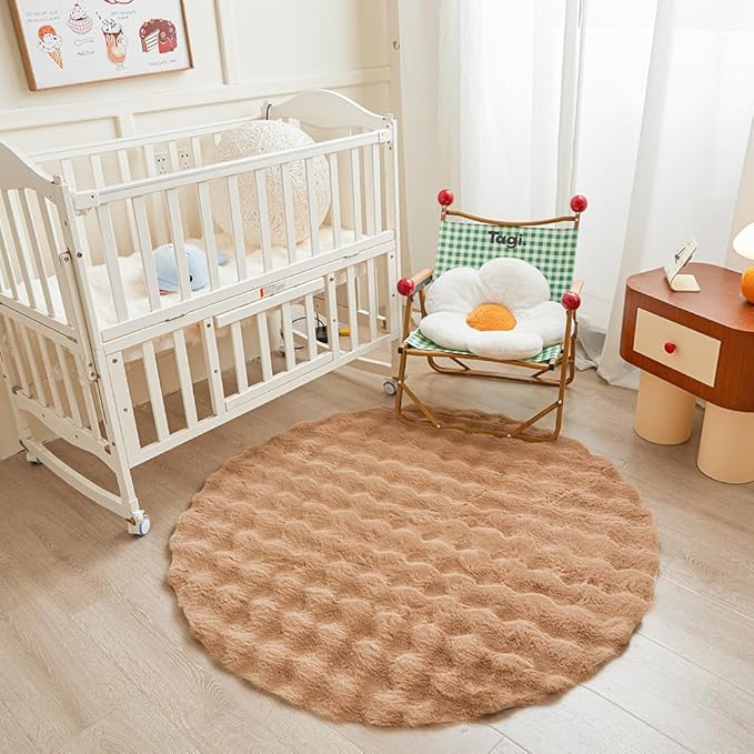 Coffee Round Rabbit Plush Rug for Bedroom Living Room Sofa,4'X4' Faux Fur Fluffy Shaggy Circle Rug for Kids Teen Girls Room,Furry Carpet Circular Rugs for Nursery Baby Room