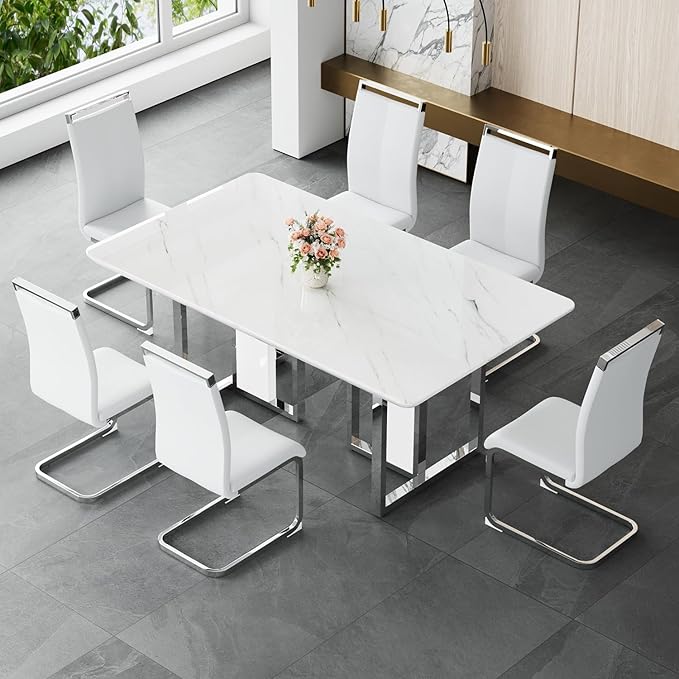 JUFU Dining Table Set for 6, 67'' Table and Chairs Set of 6 with Faux Marble Tabletop and Sturdy Leg, White Rectangle Dining Room Table Set for 6 with PU Chairs, Perfect for Dining Room and Kitchen