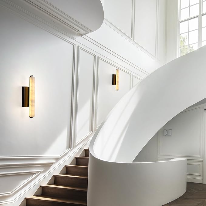 Alabaster Wall Sconces, 15" Black Alabaster Sconce, Spanish Natural Marble Wall Sconce Lamp Indoor, Rectangle Modern Sconces Lighting for Bathroom Living Room Bedroom Stairs Hallway