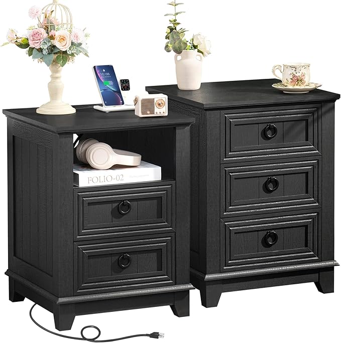 18" Night Stands Set of 2 with Charging Station, Farmhouse 2 & 3 Drawers End Table Dresser for Bedroom, Black Wooden Nightstand, Bed Side Table with Open Shelf, Bedside Cabinet for Living Room