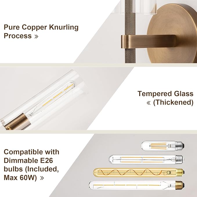 Brass Bronze 2-Light Knurled Wall Sconce, Dual-Head Vanity Lamp with Clear Glass Tube, Bathroom Wall Sconces, Wall Lights for Living Room Bedroom Hallway Kitchen Bathroom Mirror