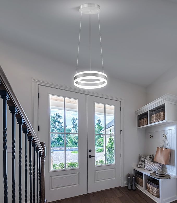 D7.8'' Modern Ring Chandelier for Dining Room LED Dimmable Pendant Lighting High Ceiling Chandelier for Living Room Foyer Bedroom Entryway 3000K-6000K Silver