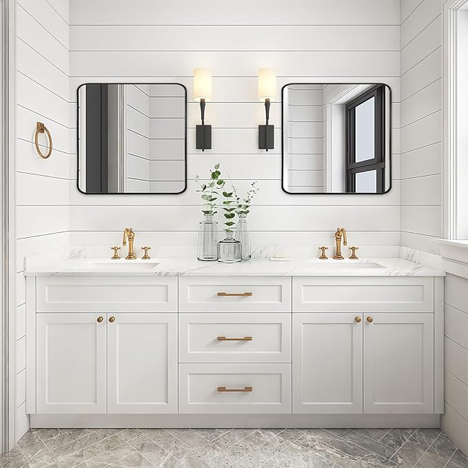 Wall Mount Mirror for Bathroom, Brushed Black Metal Framed Rounded Corner Square Rectangular Vanity Mirror (30" x 30", Black)