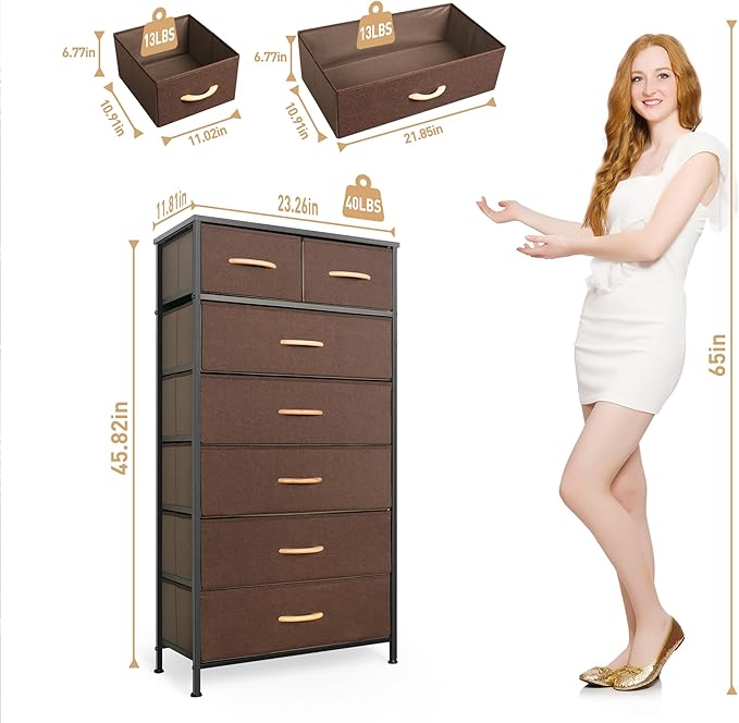 Tall Dresser for Bedroom, Vertical Storage Organizer Tower with 7 Drawers, Chest of Drawers with Fabric Bins, Steel Frame, Wood Top for Bedroom, Closet, Entryway- Brown