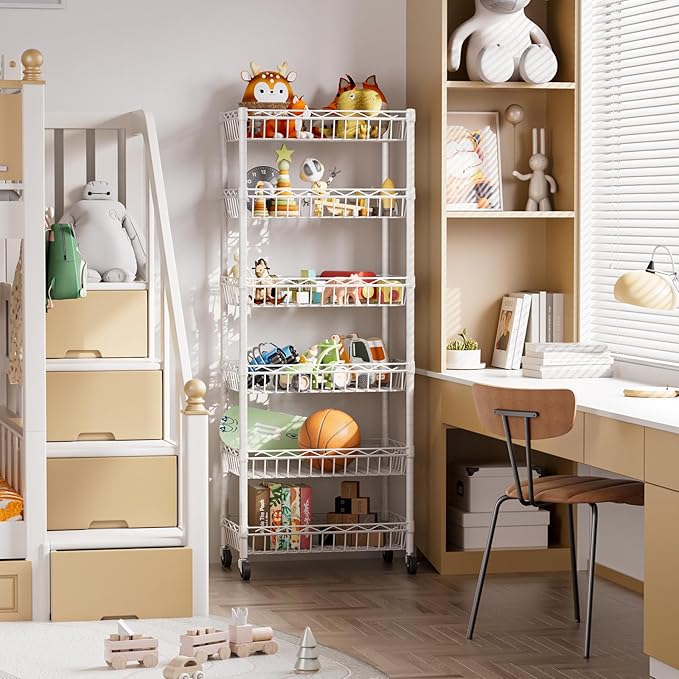 SINGAYE 6 Tier Basket Shelf Wire Shelving Unit Adjustable Storage Shelves Big Basket Rack for Garage Kitchen Office Pantry Corner 17" Dx12 Wx63 H White