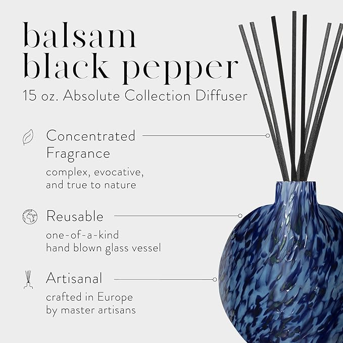 LAFCO New York Absolute Collection Reed Diffuser, Balsam Black Pepper - 15 oz - Up to 1 Year Fragrance Life - Reusable, Hand Blown Glass Vessel - Nylon Reeds - Made in The USA