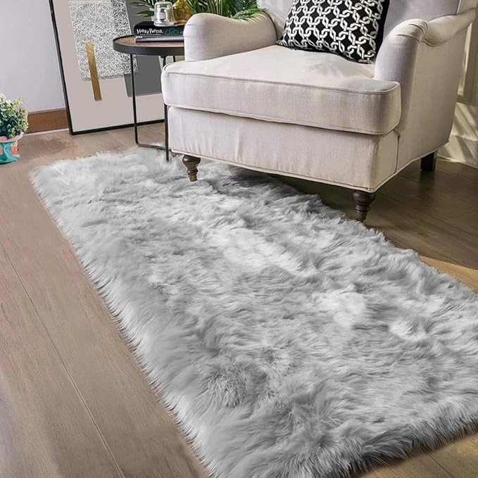 Latepis Washable Runner Rug 2x10 Gray Plush Faux Sheepskin Fur Rugs Fluffy Carpet for Living Room Luxury Home Decor Rectangle