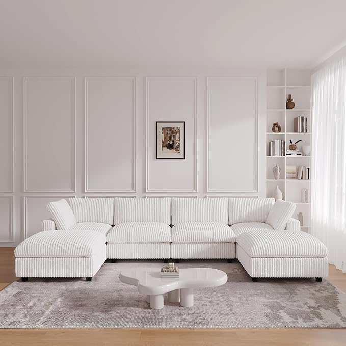 JACH Modern U Shape Sectional Couch, Convertable Modular Couches with Chaise Ottomans, Deep Seat Sofas, Sofa Covers Washable, Minimalist Plush Sofa for Living Room, Apartment, Beige