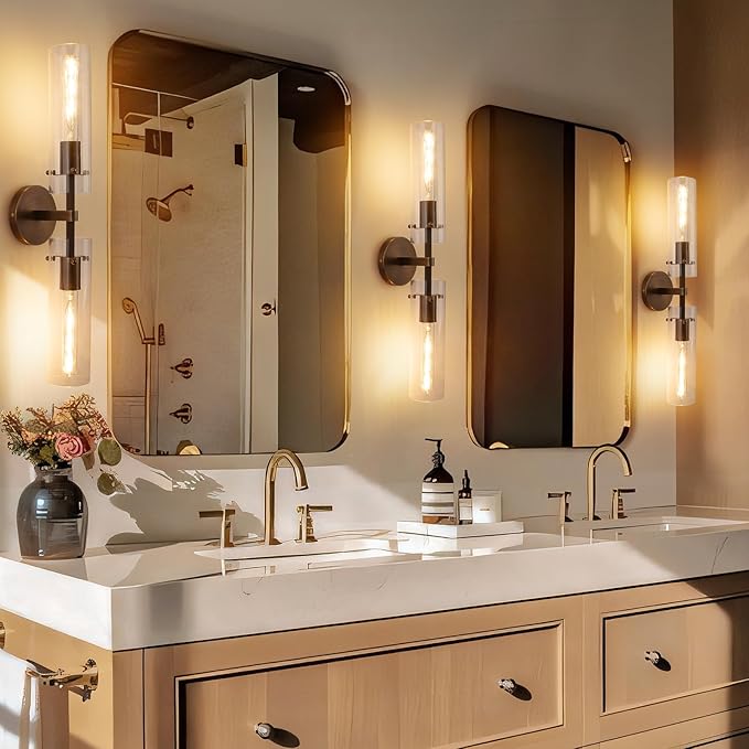 Brass Bronze 2-Light Knurled Wall Sconce, Dual-Head Vanity Lamp with Clear Glass Tube, Bathroom Wall Sconces, Wall Lights for Living Room Bedroom Hallway Kitchen Bathroom Mirror