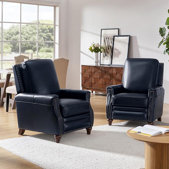 HULALA HOME Genuine Leather Recliner Chair, Classic Push Back Recliner Armchair with Thick Seat and Backrest (Navy)