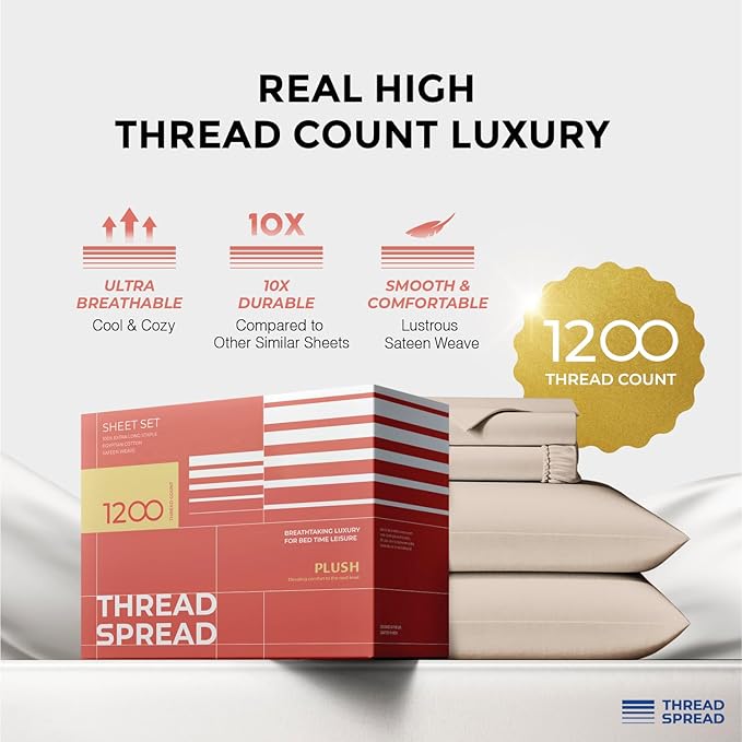 THREAD SPREAD 100% Egyptian Cotton Sheets Queen Size - 1200 Thread Count 4 PC Sheet Set Egyptian Cotton, Sateen Luxury Sheet Queen Size, Silky Soft Sateen Sheets, 17" Deep Pocket - Taupe