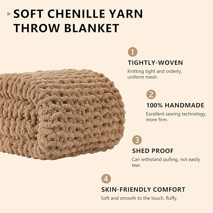 L'AGRATY Chunky Knit Blanket Throw: 50''x60'' Chenille Chunky Knitted Throw Blanket for Bed Couch - Handmade Thick Big Cable Knit Blanket - Large Crochet Rope Blanket for Home Decor(Tan)