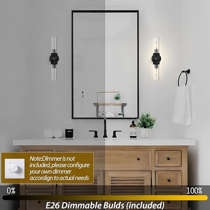 2-Light Black Knurled Wall Sconces, Glass Sconces Wall Lighting Indoor, Bathroom Vanity Light Sconces, Wall Lights for Living Room Bedroom Hallway Kitchen Bathroom Mirror, Including Bulb
