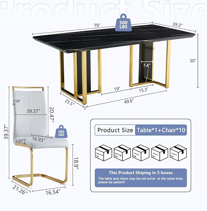 JUFU Dining Table Set for 10, 79'' Dining Table for 8-10 People with Faux Marble Tabletop and Sturdy Leg, White Rectangle Dining Room Table Set for 10 with Light Gray PU Chairs, Ideal for Dining Room
