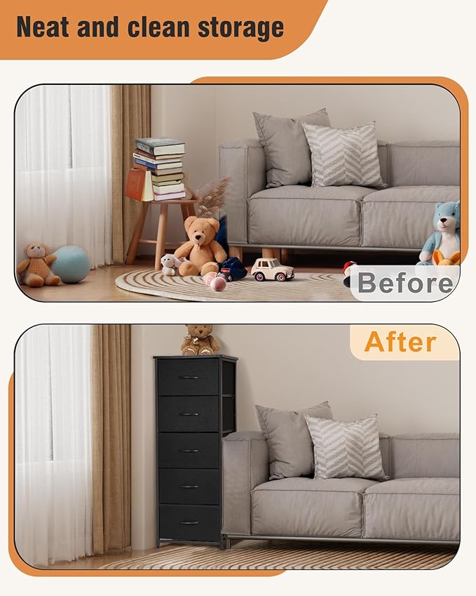 Dresser for Bedroom, Fabric Tall Dresser & Chests of Drawers with 5 Drawers, Vertical Organizer Storage Tower Unit for Bedroom, Hallway, Entryway White