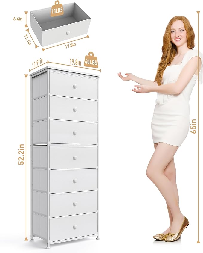Tall Fabric Dresser for Bedroom, Vertical Storage Organizer Tower with 7 Drawers, Chest of Drawers with Bins, Steel Frame, Wood Top for Bedroom, Closet, Entryway White