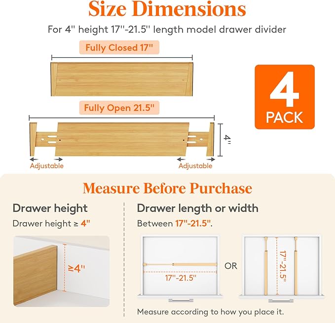 Lifewit 4 Pack Drawer Dividers Bamboo 4" High, 16-22" Adjustable Drawer Organizers for Clothes, Expandable Dresser Separators in Bedroom/Bathroom/Kitchen/Fridge/Office Organization and Storage