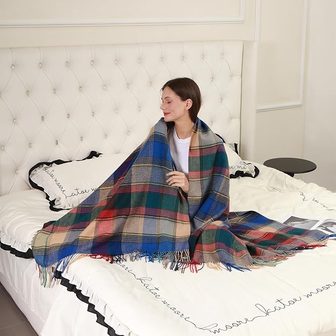 Blue Buffalo Plaid Throw Blanket for Couch,100% Wool Throw Blanket for Home Decor, Soft Lightweight Cozy All Season Decorative Vintage Blankets for Travel,Bed, Sofa, Chair, Outdoor 55"x83"/1.5LBS