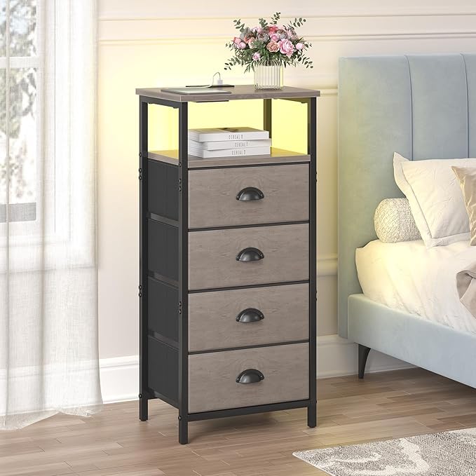 Nightstand with Charging Station,LED Grey Nightstand with 4 Fabric Drawers, Bedside End Tables, 2-Tier Open Storage Shelf Side Table Nightstand with Drawers for Bedroom,Grey