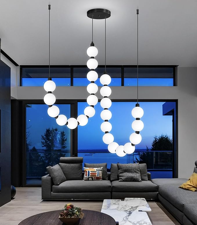 Modern Chandeliers LED Dimmable Light Acrylic Balls Ceiling Pendant Lighting for Dining Room Living Room Bedroom Adjustable Hanging Lights 45 Watts Black Lamp