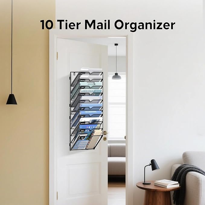 10 Tier Wall File Organizer Office Hanging Mail Holder Wall Mounted, Mesh Paper Document Organizer for Office Home School, Black