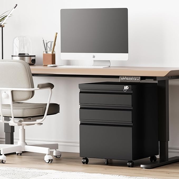 3 Drawer File Cabinet，Mobile Filing Cabinet with Lock and Wheels，Fully Assembled Metal Under Desk File Cabinets for A4/Letter/Legal Size（Black