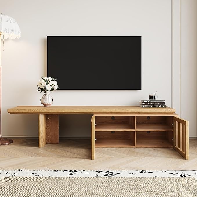 Modern TV Stand, Entertainment Center with Storage, Extendable TV Media Console for Up to 55+ Inch, Minimalist Television Cabinet for Living Room/Bedroom - Wood Color (78.7"-110" Extendable)