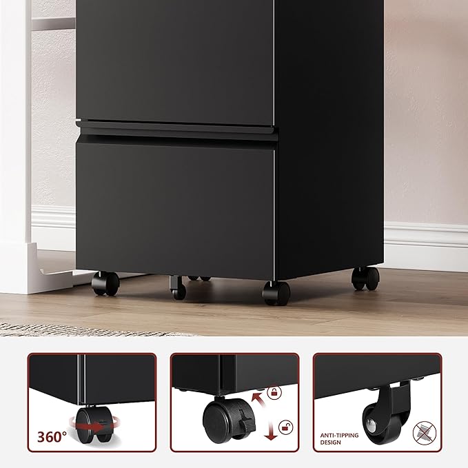 2 Drawer File Cabinet，Mobile Filing Cabinet with Lock and Wheels，Un-Assembled Metal Under Desk File Cabinets for A4/Letter/Legal Size（Black