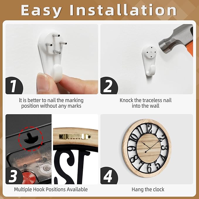 LEIKE 16 Inch Large Wall Clock - Rustic Wooden Silent Non-Ticking Wall Clock with Black Metal Frame, Vintage Farmhouse Decorative for Living Room, Bedroom, Kitchen - Arabic Numerals, Modern Design