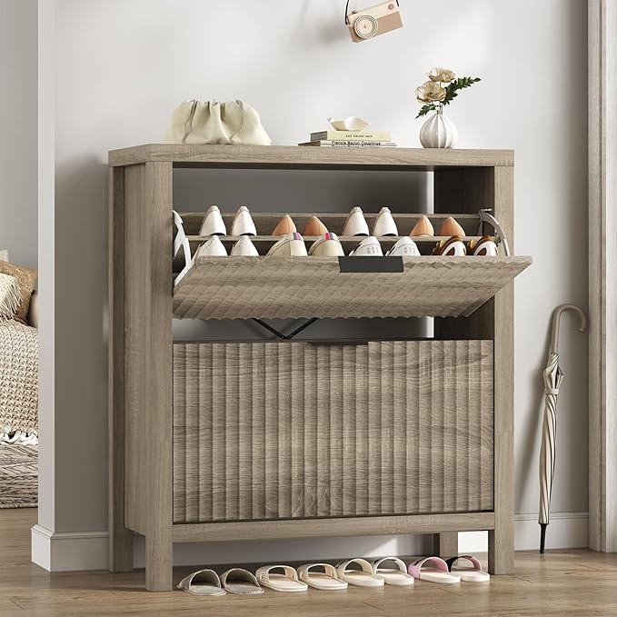 Shoe Cabinet Storage for Entryway, Fluted Shoe Cabinet with 2 Flip Drawers, Hidden Shoe Rack Tall Freestanding Shoe Organizer with Legs for Hallway, Gray
