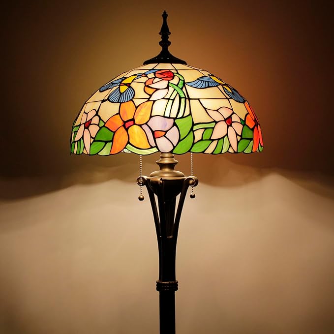 Tiffany Floor Lamp Amber Hummingbird Stained Glass Standing Reading Light 16X16X70 Inches Antique Pole Corner Lamp Decor Bedroom Office Living Room