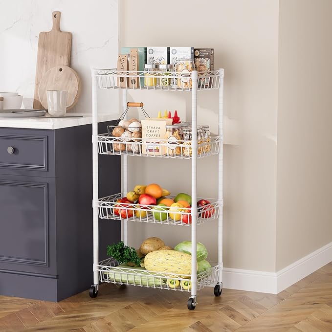 SINGAYE 4 Tier Basket Shelf Wire Shelving Unit Adjustable Storage Shelves Big Basket Rack for Garage Kitchen Office Pantry Corner 17" Dx12 Wx50 H White