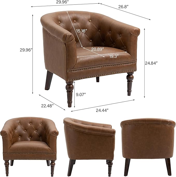 Accent Chair, Upholstered Faux Leather Barrel Chair with Nailed Trim, Comfy Club Armchair for Reading Living Room Bedroom Waiting Room (Rust, Set of 2)