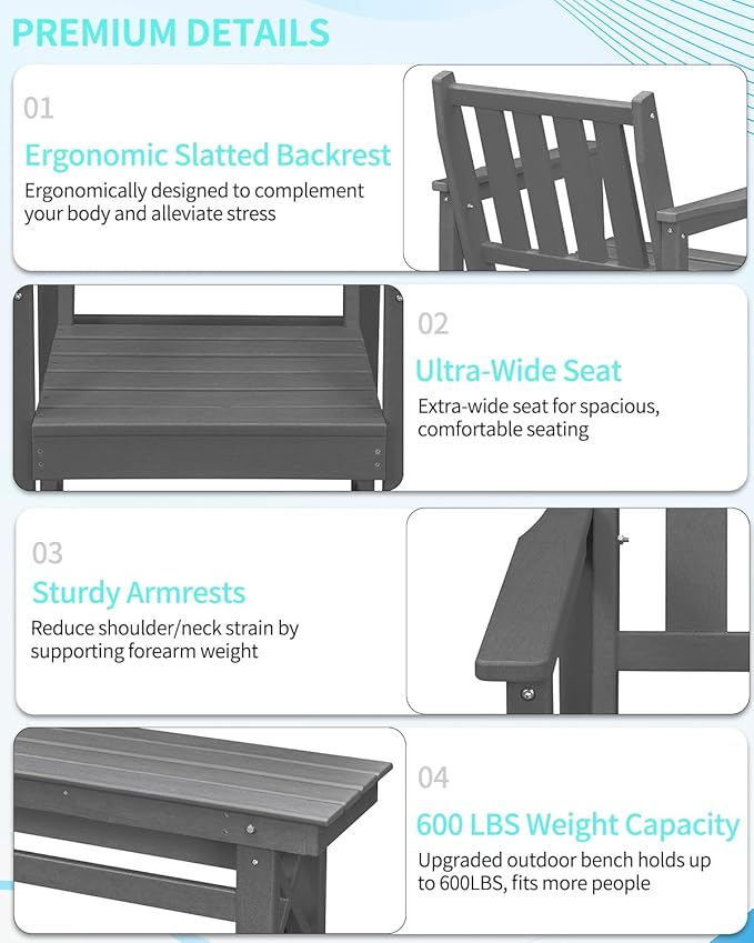QUASCO HDPE Outdoor Dining Set for 6, Patio Dining Furniture Set with Umbrella Hole Cut-Out Table and 1 Bench and 4 Chairs, All Weather Outdoor Dining Bench Sets, Gray