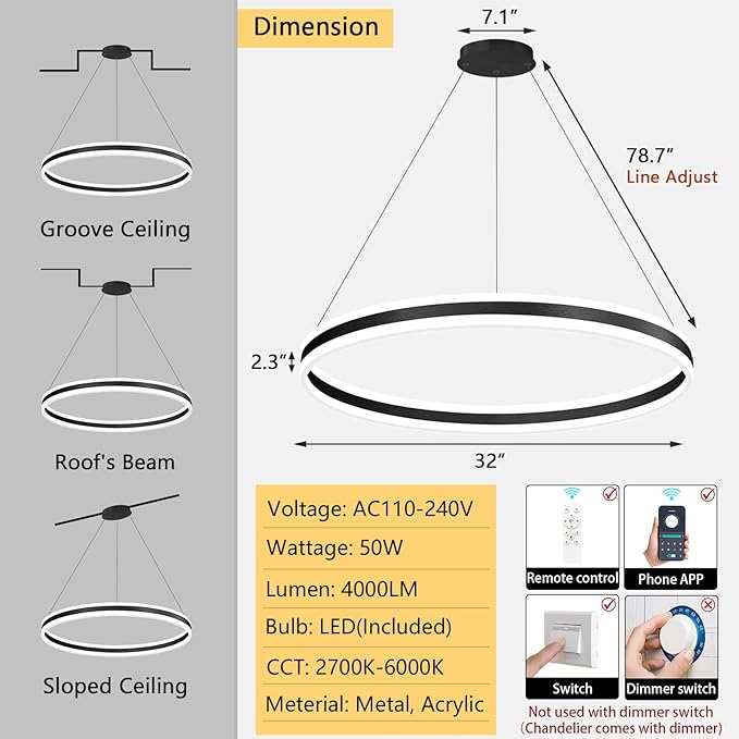 D31.5'' Modern Ring Chandelier for Dining Room LED Dimmable Pendant Lighting High Ceiling Chandelier for Living Room Foyer Bedroom Entryway 3000K-6000K Black
