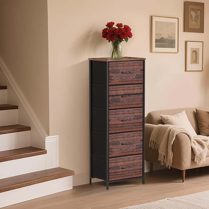 5 Fabric Drawer Dresser for Bedroom, Chest of Drawers with Waterproof Wood Top Tall Dresser for Hallway, Living Room, Kid Room (Rustic Brown)