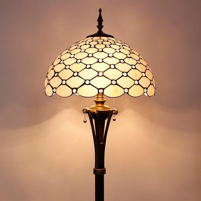 Tiffany Floor Lamp Cream Amber Bead Stained Glass Standing Reading Light 16X16X70 Inches Antique Pole Corner Lamp Decor Bedroom Office Living Room