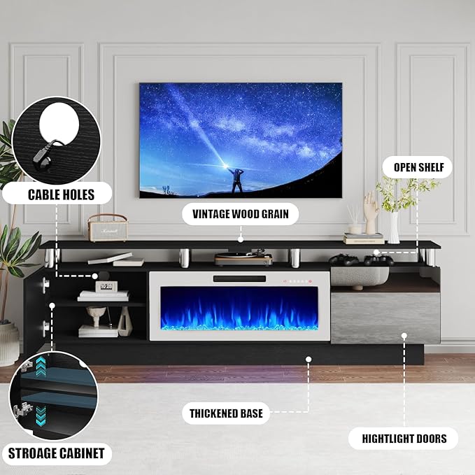 80" Modern Fireplace TV Stand with 36" Electric Fireplace for TVs Up to 90 inch, Luxury LED Light Entertainment Center with High Gloss Cabinet, Black + Silver Posts with White Fireplace