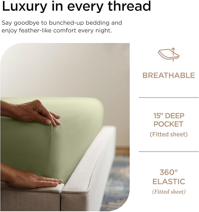 Threadmill 100% Cotton Sheets for Twin XL Size Bed - 600 Thread Count Twin XL Bed Sheets Set with 15” Deep Pocket - Sateen Weave 3-Piece Bedding Set with Cooling Effect, Sage Green