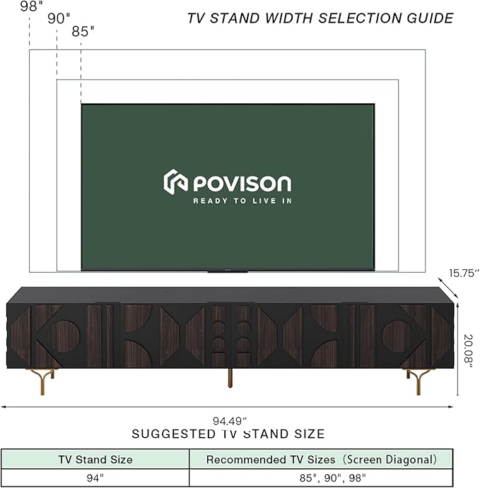 POVISON 94'' Smoky Black Fully Assembled TV Stand with Storage, Mid Century Modern TV Stand, Entertainment Center for Living Room, Wood Media Console TV Cabinet for 85 Inch TV, Metal Legs