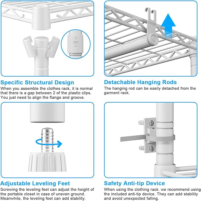 Ulif E10 Clothes Rack（With Stretchable Hanger Rod）Freestanding Clothing Racks for Hanging Clothes，Adjustable Closet Organizer System，Portable Garment Rack 73-97"W x 15" D x 72" H，Max Load 800LBS，White