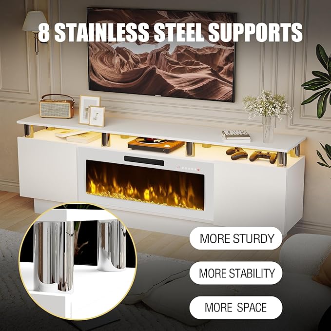 70" Modern Fireplace TV Stand with 36" Electric Fireplace for TVs Up to 80 inch, Luxury LED Light Entertainment Center with High Gloss Cabinet (White + Silver Posts with White Fireplace)