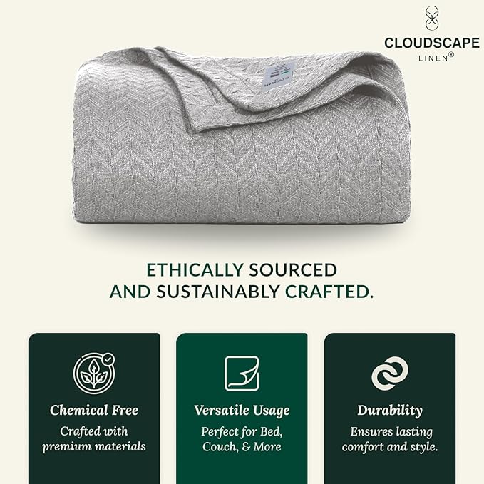 Herringbone Cotton Twin Blanket for Couch, Bed,Sofa, Home Decor, Soft, Lightweight, All-Season Bed Blanket, 68 x92, Light Grey