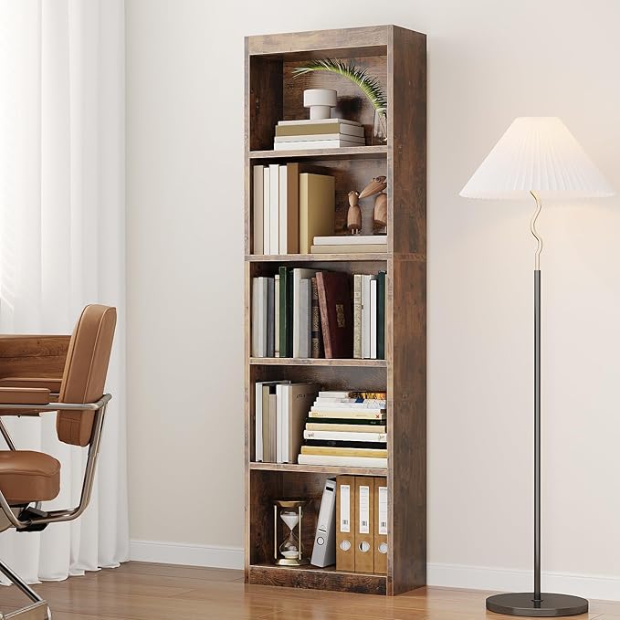 5-Tier Bookcase Set of 2, Open Storage Shelf, Narrow Tall Book Shelf, Freestanding Display Storage Shelves Suitable for Home Office, Living Room and Bedroom, Rustic Brown