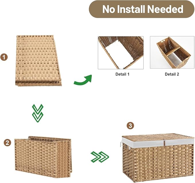 180L Wicker Storage Basket with Lid, Handwoven Rattan Large Shelf Basket with Removable Liner, 47.6 Gallon Wicker Basket for Blanket, Storage Trunk with Handle for Closet, Bedroom, Livingroom, Natural