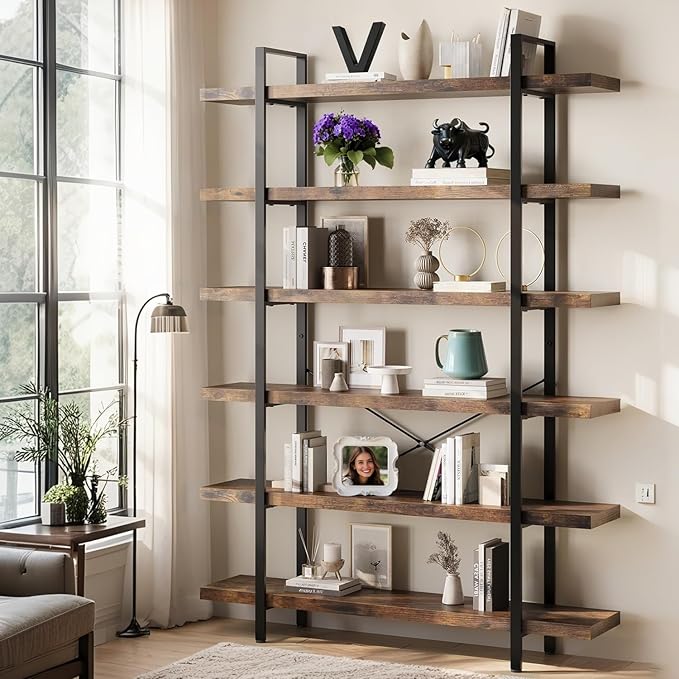 6-Tier Industrial Bookcase, 47 Inch Wide Wood Bookshelf, 120lbs Shelf Capacity, Rustic Open Shelving Heavy Duty Display with Reinforced Horizontal Brown Shelves for Living Room Bedroom Office -2Pcs