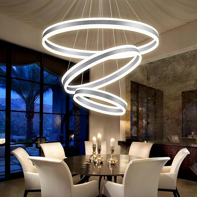 3 Ring D31.5 Modern LED Chandelier, Flush Mount Ceiling Lighting for Living Room, Adjustable Height Pendant Light for Staircase Foyer Dining Room Entryway Sliver