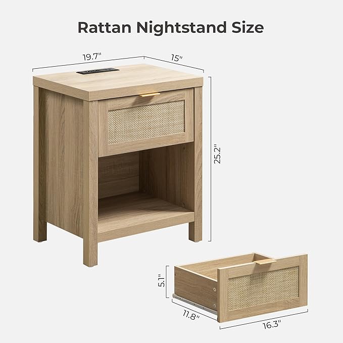 SICOTAS Rattan Nightstand, Farmhouse Night Stands with Drawer, Boho End Side Table for Bedroom, Small Space, Black Oak