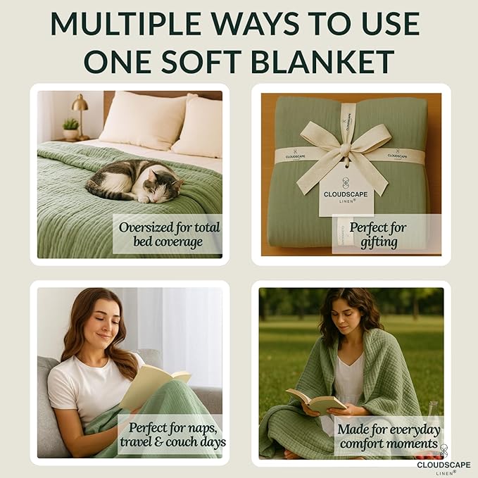 Cloud Scape Linen 100% 8 Layer Cotton Muslin Blanket King Size for Adult, Lightweight & Breathable, All Season Oversized Blanket for Bed, fits California King, 92x108, Seafoam Green